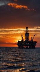 Fototapeta premium Silhouette of offshore oil rig against sunset