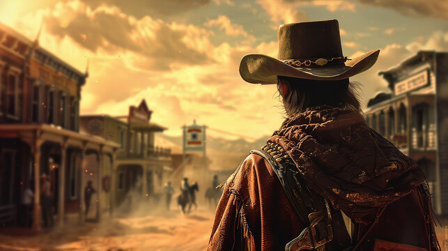 Concept art of an old west gunfighter with a cowboy hat and bandana, smoke plume in the background