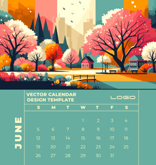 Calendar template featuring stunning Editable vector landscapes that beautifully capture the essence of each season.Perfect for digital or offset printing with true-to-life colors. 

