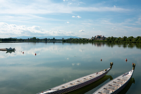 Lake Ptuj with Ptuj castle . Jezero Ptuj . Grad Ptuj . Ptujsko jezero