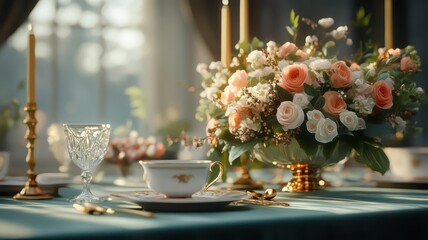 Fototapeta premium Royal banquet table with green velvet tablecloth, gold candelabras, and crystal glassware.