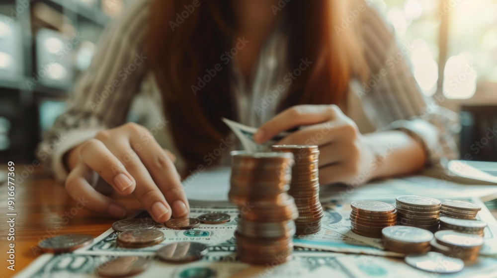 Poster a woman is sitting at a table with a pile of coins and a stack of bills