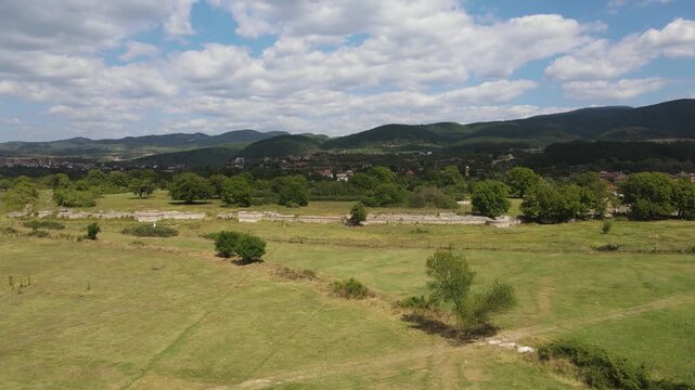 Aerial view of ruins of ancient Roman city Nicopolis ad Nestum near town of Garmen, Blagoevgrad Region, Bulgaria
