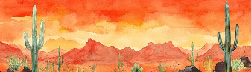A vibrant watercolor landscape showcasing cacti and mountains under a dramatic sunset sky with rich orange and yellow hues.