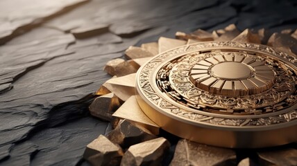 Stylized illustration of golden mandala with intricate geometric patterns.