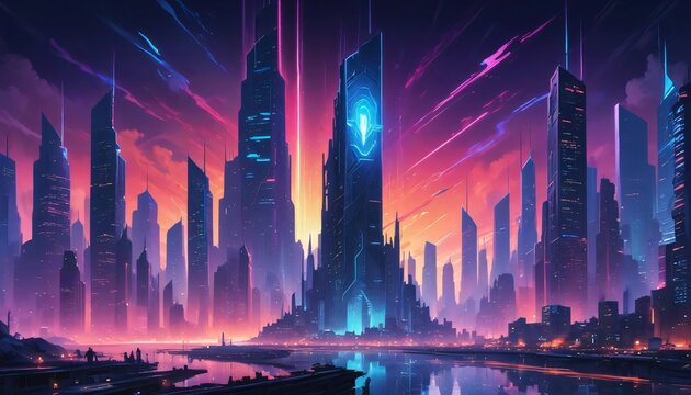 Cyberpunk Future Comic City With Skyscrapers Purple Black Colors Wallpaper