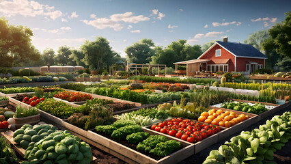 Raised garden beds with different kinds of veggies like lettuce, tomatoes, carrots, and beans, and a farmhouse in the background