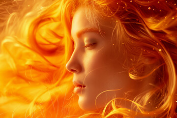 Enchanting Portrait Featuring a Woman with Flowing Orange Hair Illuminated Under a Radiant Glow of Light
