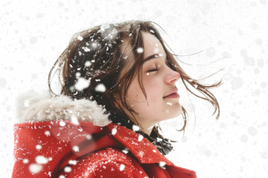 beautiful brunette woman in winter jacket coat enjoying snowfall isolated on white or transparent png
