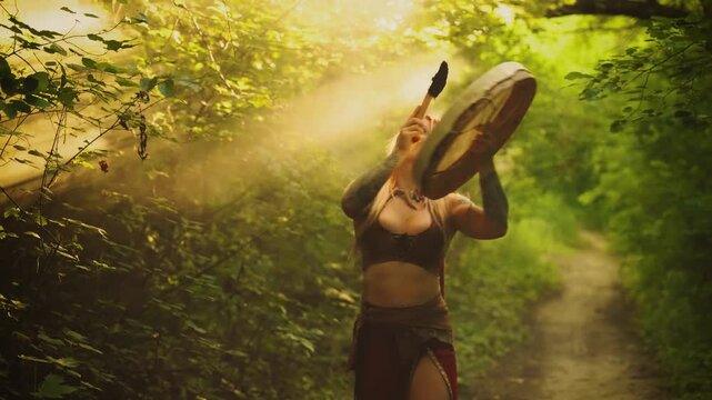 Art photo real person fantasy woman shaman holds drum in hands back rear view plays music beats mystery melody. Magic forest green grass trees fog sun divine light. Fairy Woman Nordic brown red dress