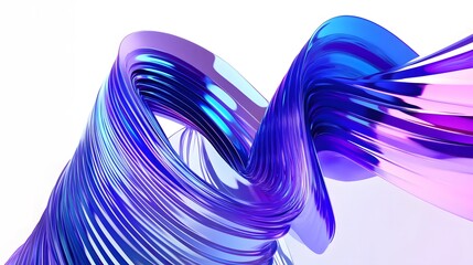 Fluid blue and purple abstract shape with layered curved lines, 3D rendered in Cinema4D style on white background. Animated, wavy pattern resembling liquid glass, showcasing three-dimensional effect