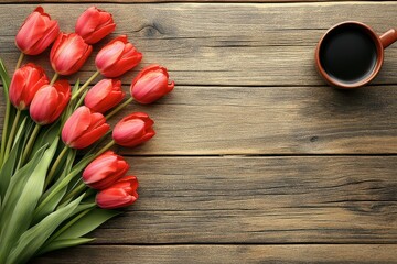A beautiful bouquet of vibrant red tulips lying on a rustic wooden table next to a cup of black coffee. 
