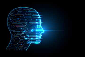 A man with circuit board patterns, symbolizing the fusion of AI and human intelligence.