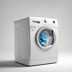 White machine washing with splashing water in drum minimalist household appliance white background
