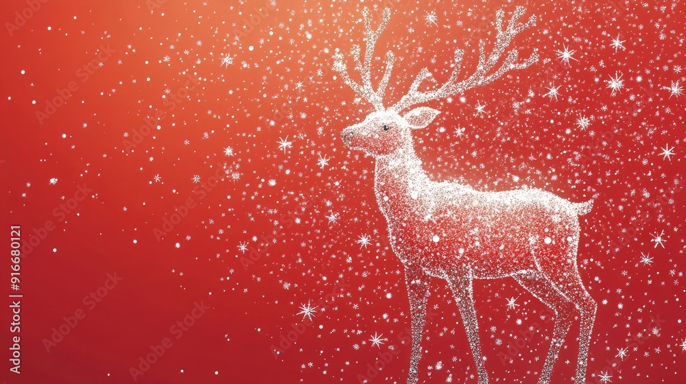 Fototapete 2d illustration of a reindeer made from tiny snowflakes and stars, with a bold red background and sp