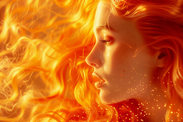 Enchanting Portrait Featuring a Woman with Flowing Orange Hair Illuminated Under a Radiant Glow of Light