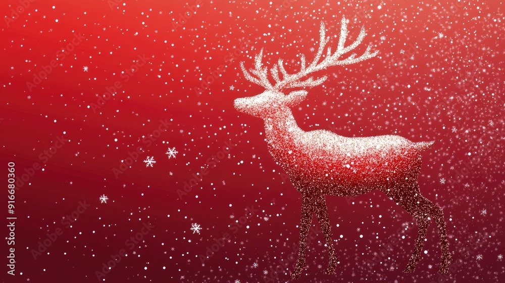 Fototapete 2d illustration of a reindeer made from tiny snowflakes and stars, with a bold red background and sp