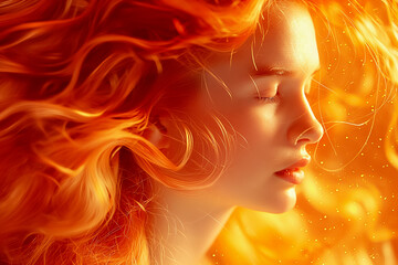 Enchanting Portrait Featuring a Woman with Flowing Orange Hair Illuminated Under a Radiant Glow of Light