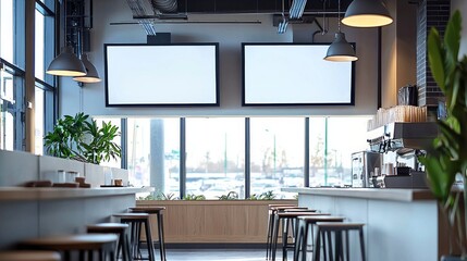 Blank mock up for menu board display screen, for restaurant cafe food business. Warm cozy atmosphere