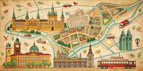 Naklejka premium Colorful vintage-style illustration of Vienna city map featuring prominent landmarks, tramways, and ornate details, set against a soft cream-colored background with gentle texture.