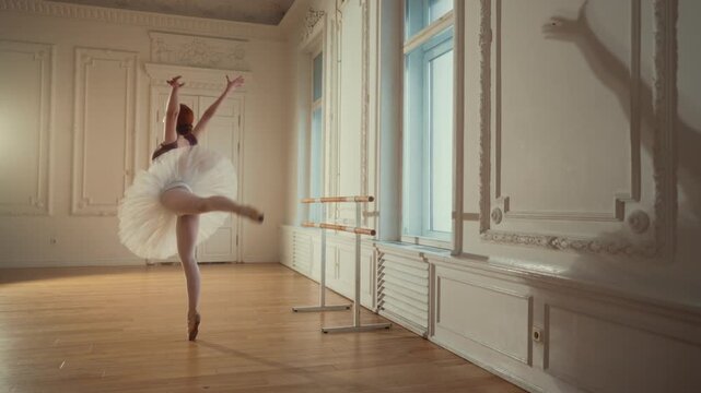 Young ballerina in tutu rehearsing alone in dance class, classical choreography. Talented female dancers performing ballet movements and positions gracefully, hobby and professional occupation, prima