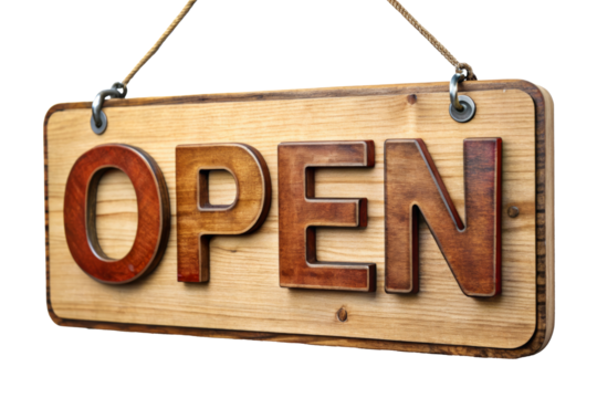 Wooden open sign with carved letters hanging on a rope isolated on transparent background