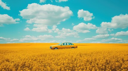 A yellow car on the flower field under blue sky, holiday travel, AI generated for Ads