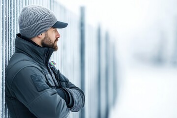 Guard standing by a frosted fence, protecting a restricted area, cold boundary security