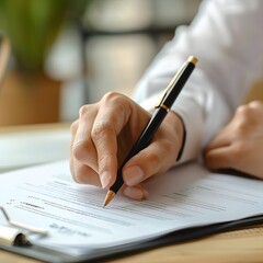 Close-up of a hand signing a document with a pen, symbolizing agreement, contract, or legal paperwork in a professional setting.