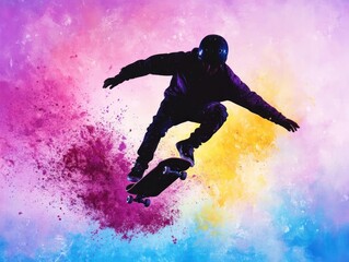 Silhouette of skateboarder performing a trick with colorful powder explosion.