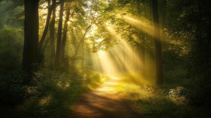Fototapeta premium Sunbeams Illuminating a Forest Path