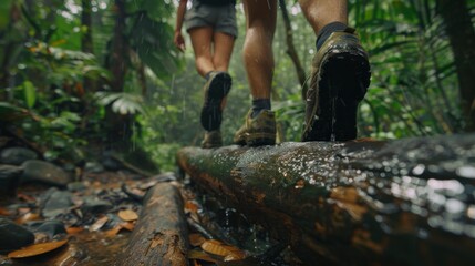 In a low angle shot, an Asian couple attempts to climb over a log in a raining jungle, with the focus on their trekking shoes in this adventurous and challenging trek