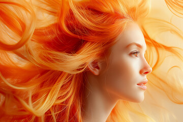 Fototapeta premium Enchanting Portrait Featuring a Woman with Flowing Orange Hair Illuminated Under a Radiant Glow of Light