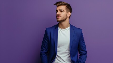 Fototapeta premium Isolated on pastel purple background studio portrait of young successful business man lawyer 20s wearing formal blue suit and white t&nbsp;-&nbsp;shirt,&nbsp;working in office,&nbsp;looking aside in pocket