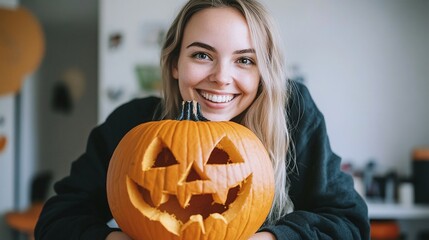 Smiling Caucasian woman at home sharing Halloween pumpkin drawing on social media