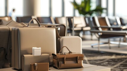 Fototapeta premium Luxury travel accessories displayed in an airport lounge setting for a premium product showcase concept with copy space