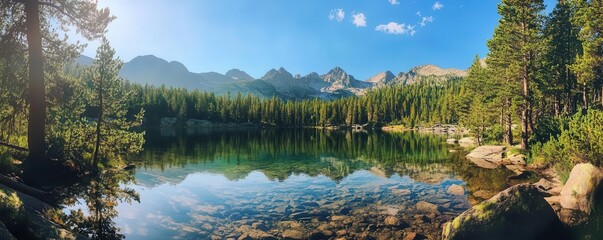 Fototapeta premium Dense pine forest surrounding a crystalclear mountain lake, perfect for outdoor adventure and nature travel