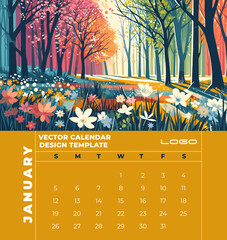 Calendar template featuring stunning Editable vector landscapes that beautifully capture the essence of each season.Perfect for digital or offset printing with true-to-life colors. 
