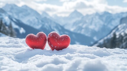 Two red hearts on snow in the mountains. Valentines day background