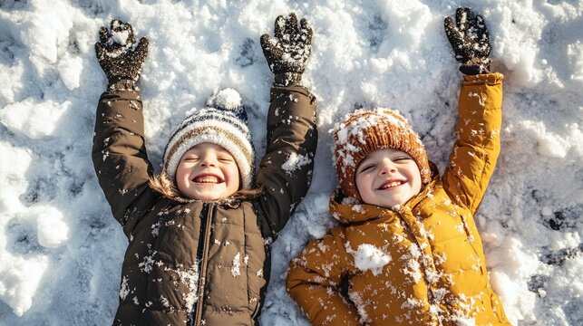 top view kids lying down snow - Powered by Adobe