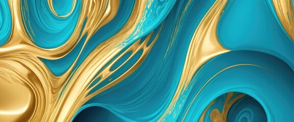 Cyan and Gold Wavy Liquid Design Digital Background