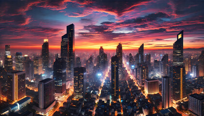 Obraz premium a large cityscape with skyscrapers at twilight, featuring dramatic sky colors and the city lights beginning to glow. Generative AI