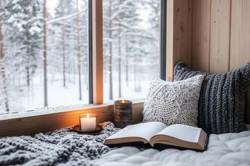 Individual reading in a cozy nook with frosty windows, cold quiet space