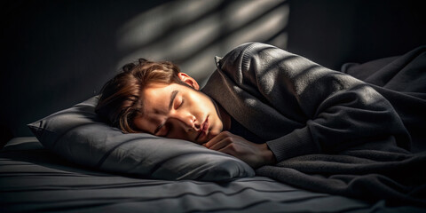 Naklejka premium Darkness envelops a serene and peaceful atmosphere as a person sleeps soundly, surrounded by black shadows and soft, comforting blankets, exuding relaxation and tranquility.