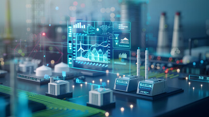 A sophisticated energy management system interface displaying optimized energy production, distribution, and consumption in a modern smart grid