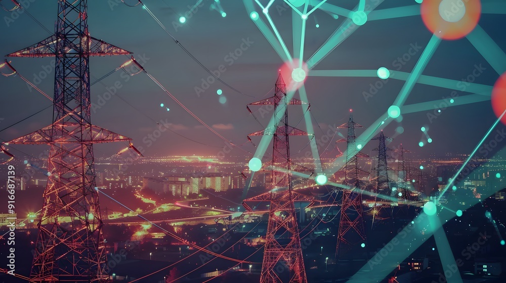 Poster a digital fortress protecting a smart grid from cyber threats, with advanced security protocols and 