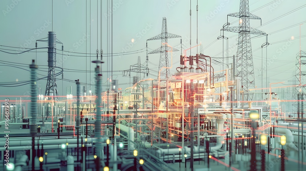 Poster a high-tech electrical grid with sensors and automated control systems seamlessly managing energy di