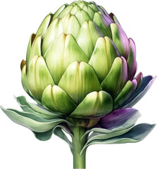 A close-up of a fresh artichoke with green and purple hues, showcasing its intricate texture and details.