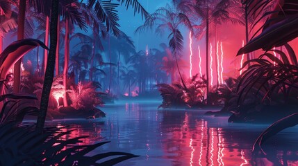 Fototapeta premium Futuristic art with modern layout and glowing tropical plants forest.