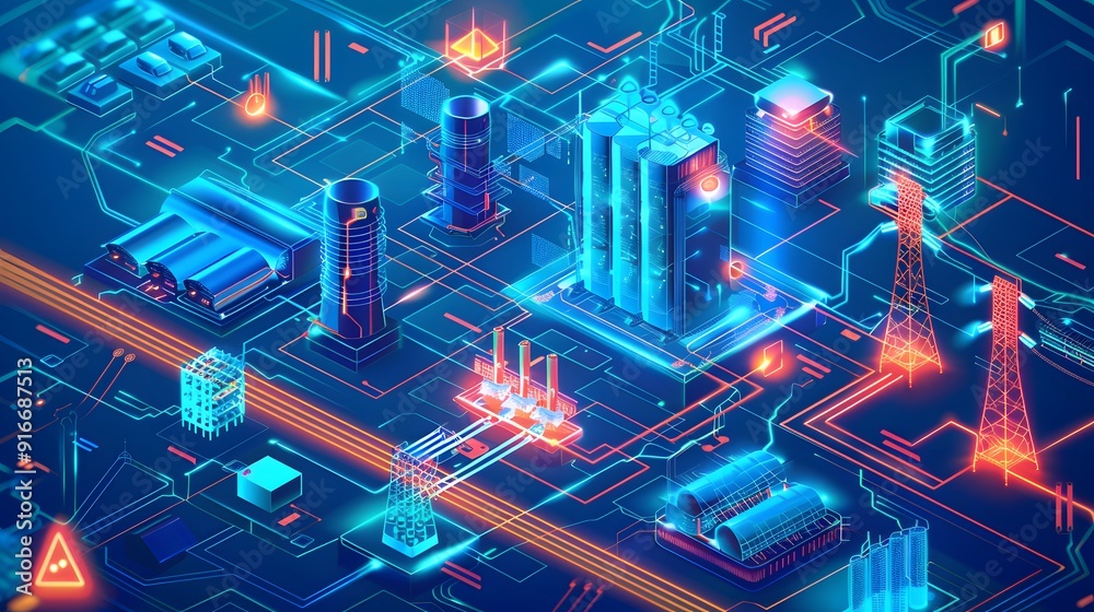 Poster a high-tech electrical grid with sensors and automated control systems seamlessly managing energy di